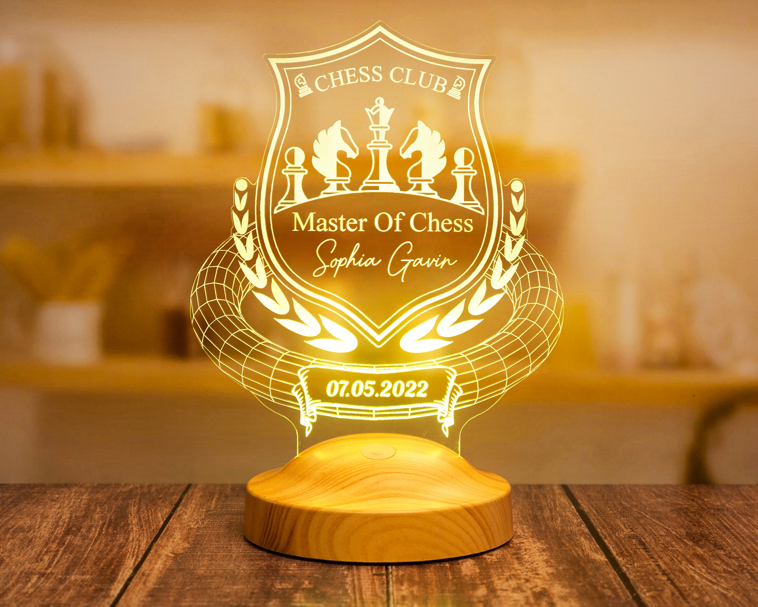 Schachliebhaber, Chess Geschenk für Schachspieler, 3D LED Lampe als Schach Trophäe, Für Schach Profis und Schachturnier
