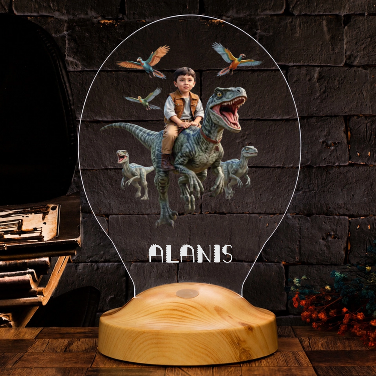 Personalisierte KI LED Lampe – Dein Foto auf einem T-Rex