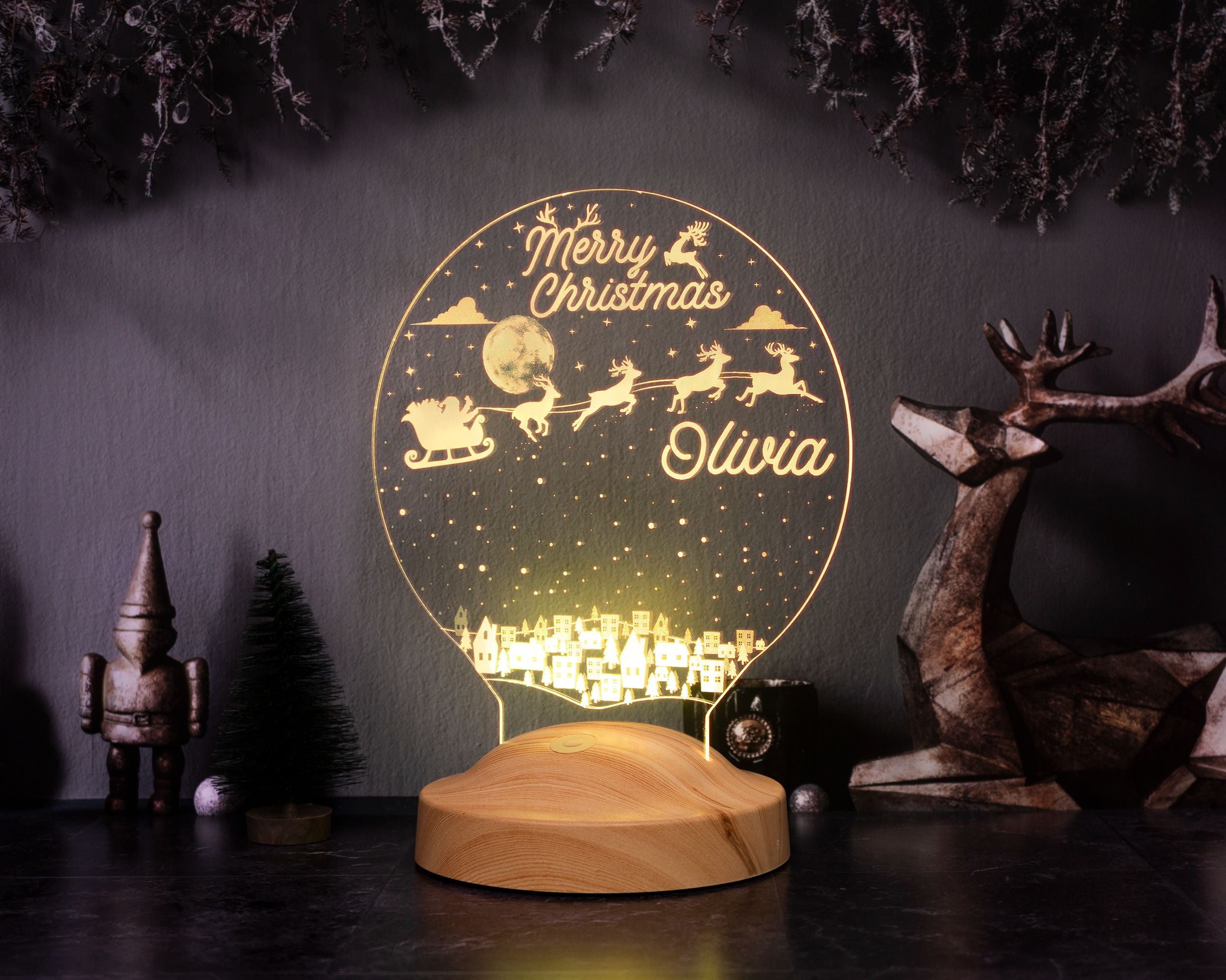 Weihnachtsmann mit Rentieren Personalisierte Lampe mit Gravur Wunschtext Geschenkbox