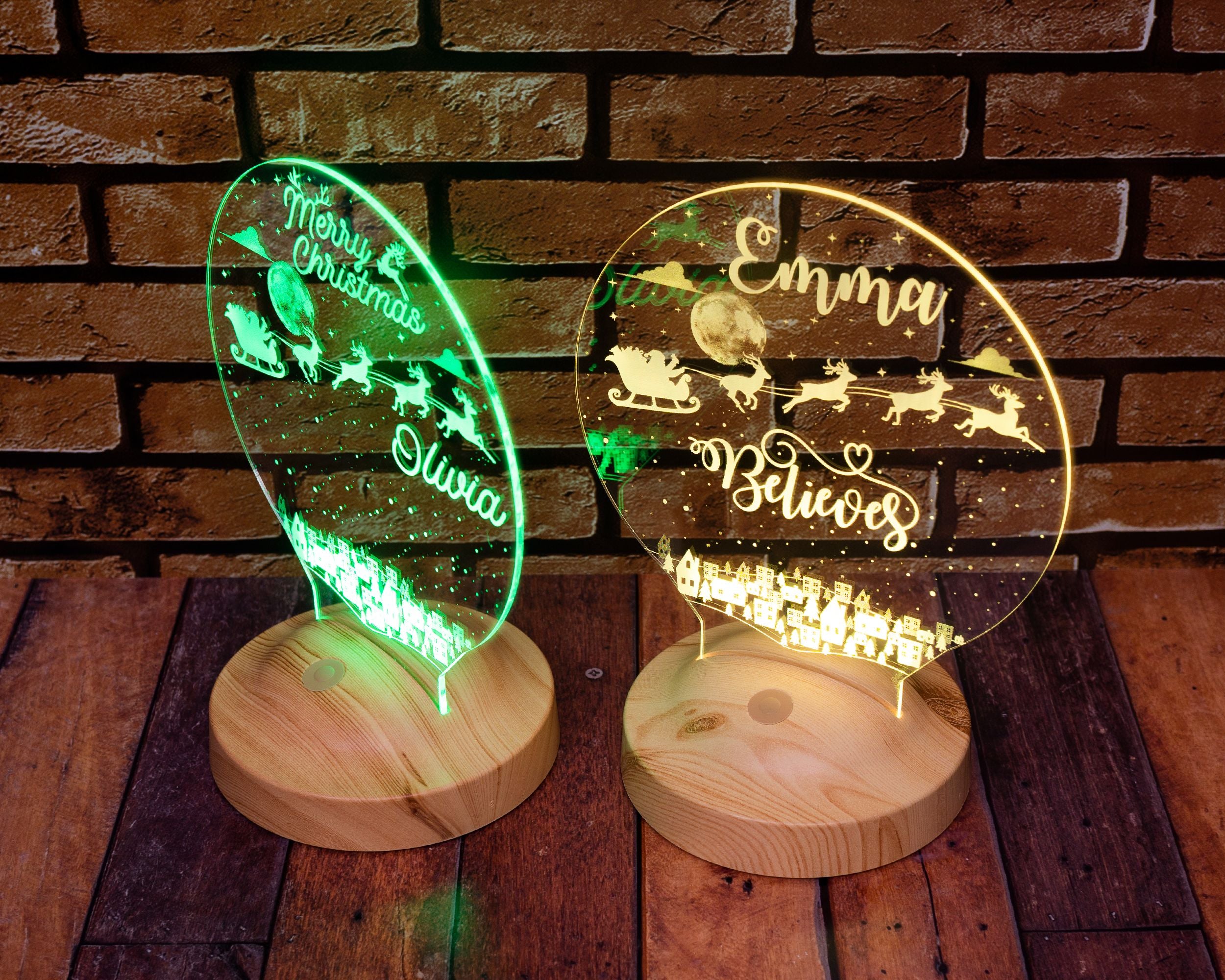 Weihnachtsmann mit Rentieren Personalisierte Lampe mit Gravur Wunschtext Geschenkbox