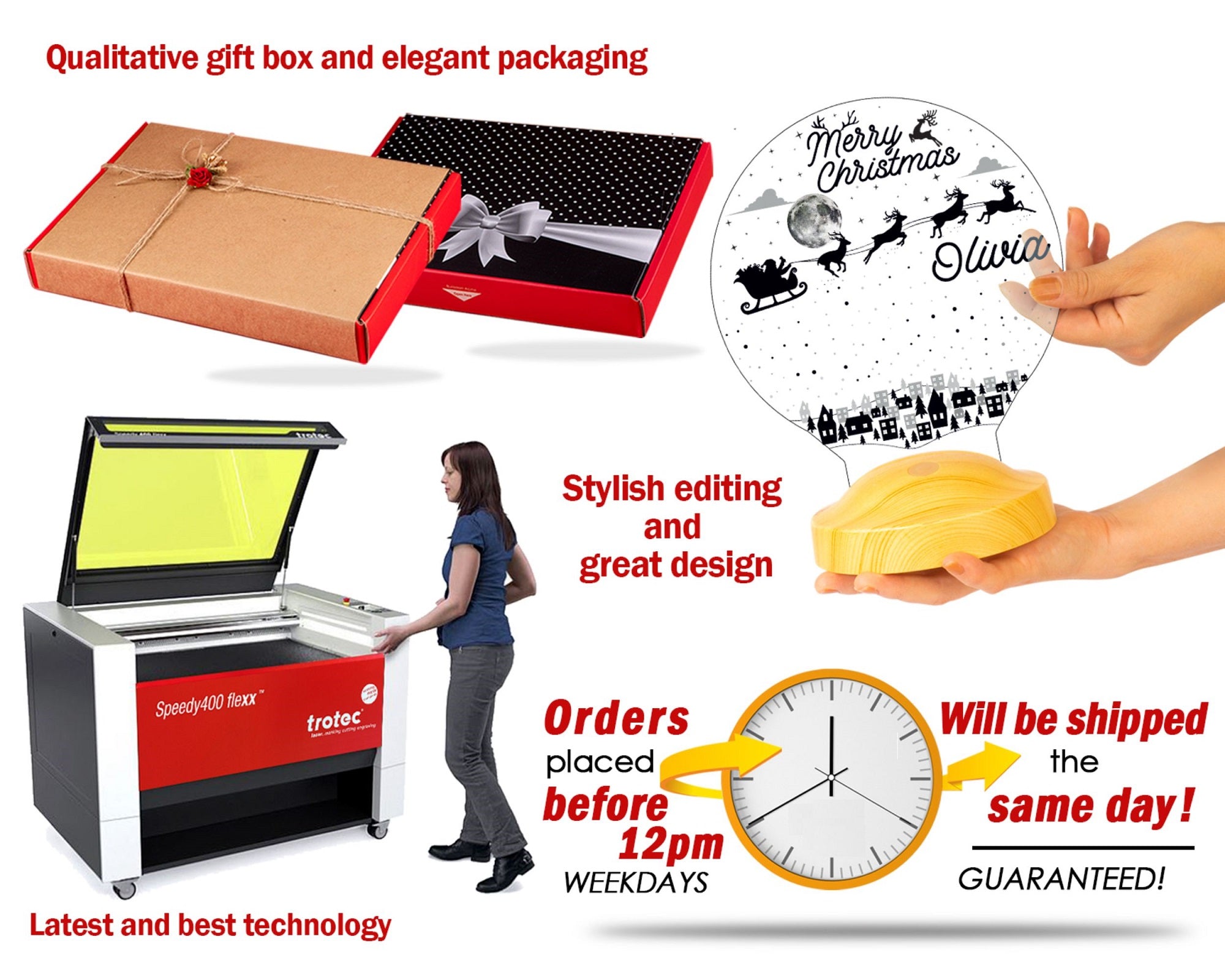 Weihnachtsmann mit Rentieren Personalisierte Lampe mit Gravur Wunschtext Geschenkbox