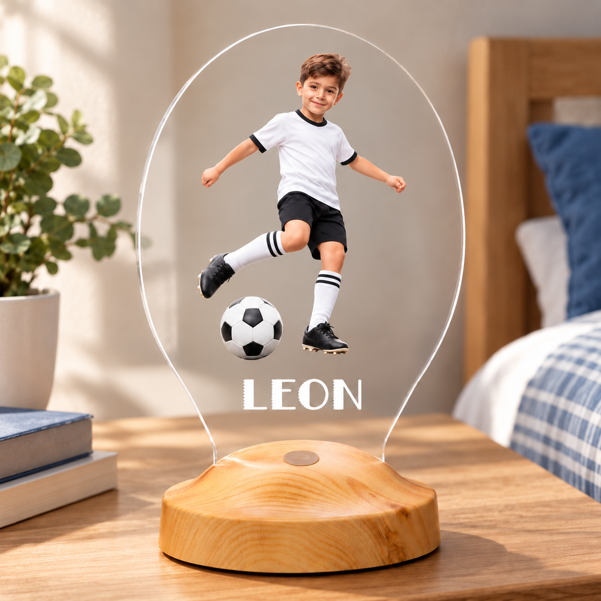 KI-generiertes Produktbeispiel: Personalisierte Fußballkind Lampe im Kinderzimmer