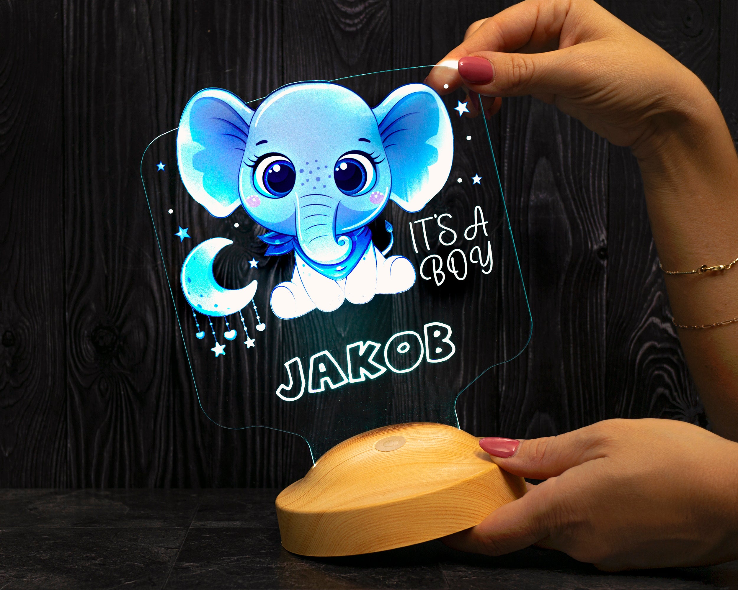 Baby Elefant Baby Geschenk, Elefanten LED Lampe als Nachttisch fürs Kinderzimmer mit Namensgravur, Weihnachtsgeschenk Mädchen oder Jungen