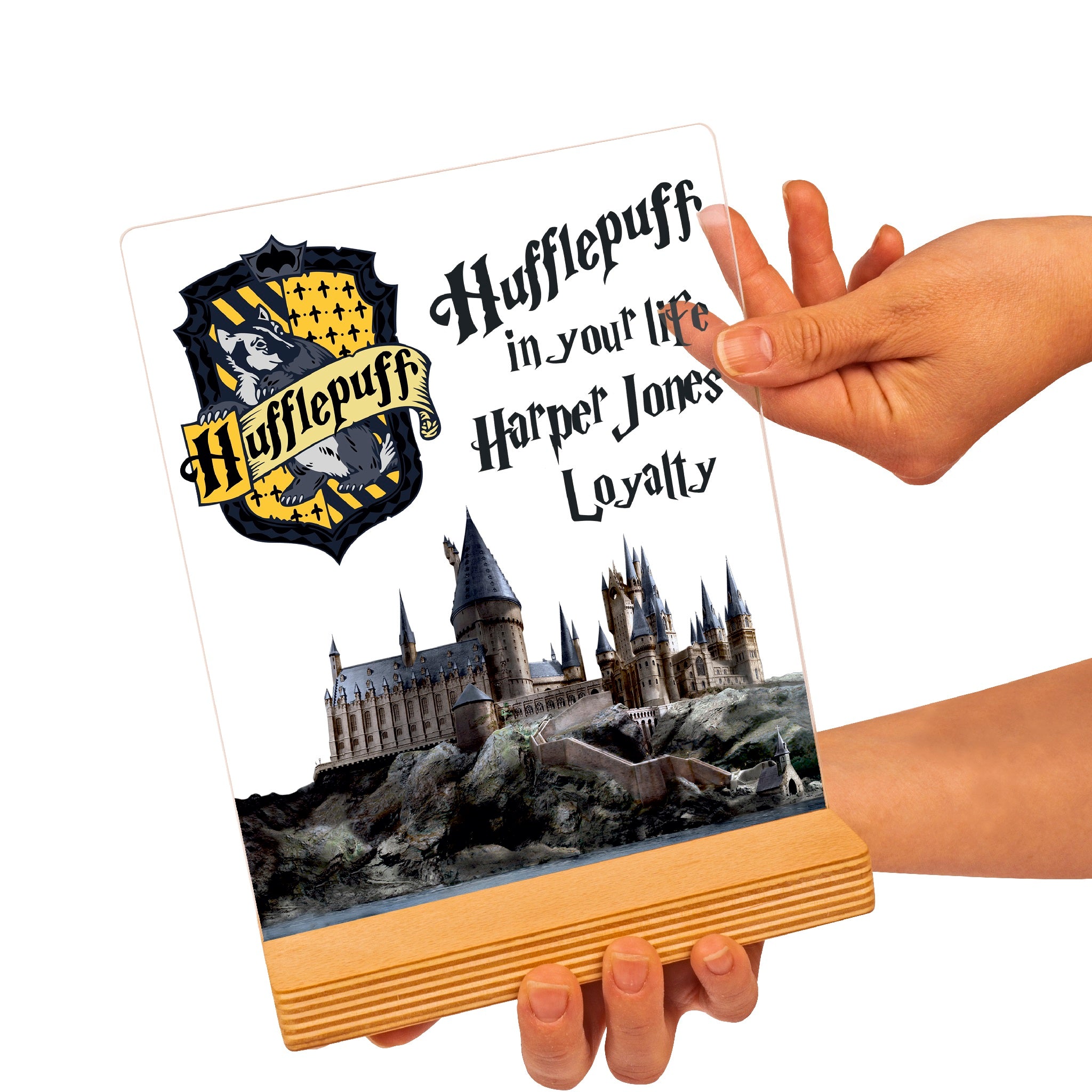 Harry Potter Hogwarts Hufflepuff Personalisierte Geschenk mit UV-Druck Holzaufsteller & Geschenkbox