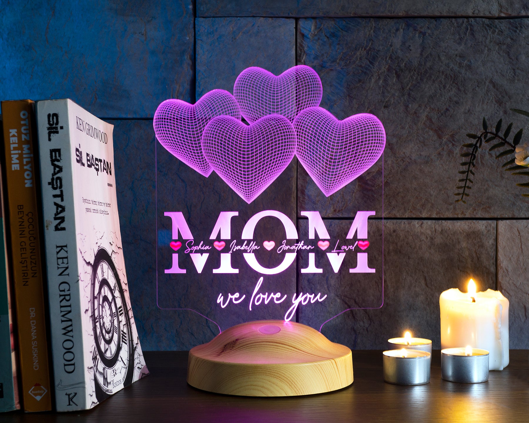 Vier Herzen personalisierte LED Geschenkelampe für Mutter, Mama mit hochwertigem UV-Druck als Muttertagsgeschenk