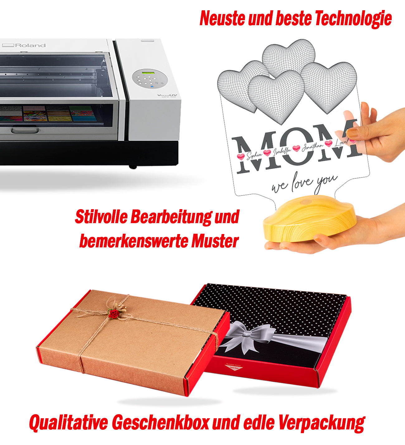 Vier Herzen personalisierte LED Geschenkelampe für Mutter, Mama mit hochwertigem UV-Druck als Muttertagsgeschenk