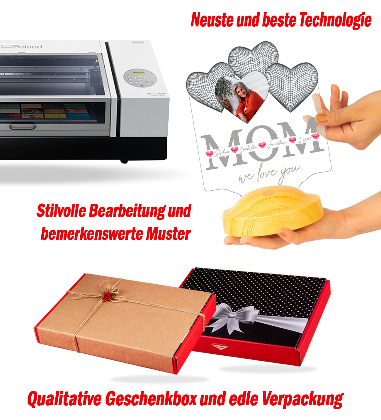 Vier Herzen personalisierte LED Fotolampe für Mutter, Mama mit hochwertigem UV-Druck als Muttertagsgeschenk Muttertag