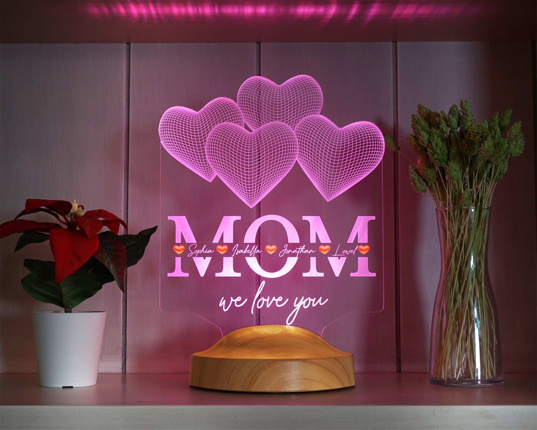Vier Herzen personalisierte LED Geschenkelampe für Mutter, Mama mit hochwertigem UV-Druck als Muttertagsgeschenk