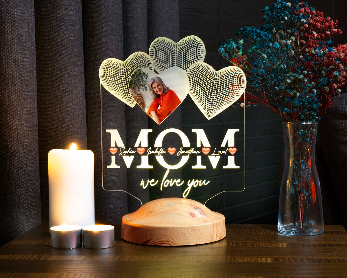 Vier Herzen personalisierte LED Fotolampe für Mutter, Mama mit hochwertigem UV-Druck als Muttertagsgeschenk Muttertag