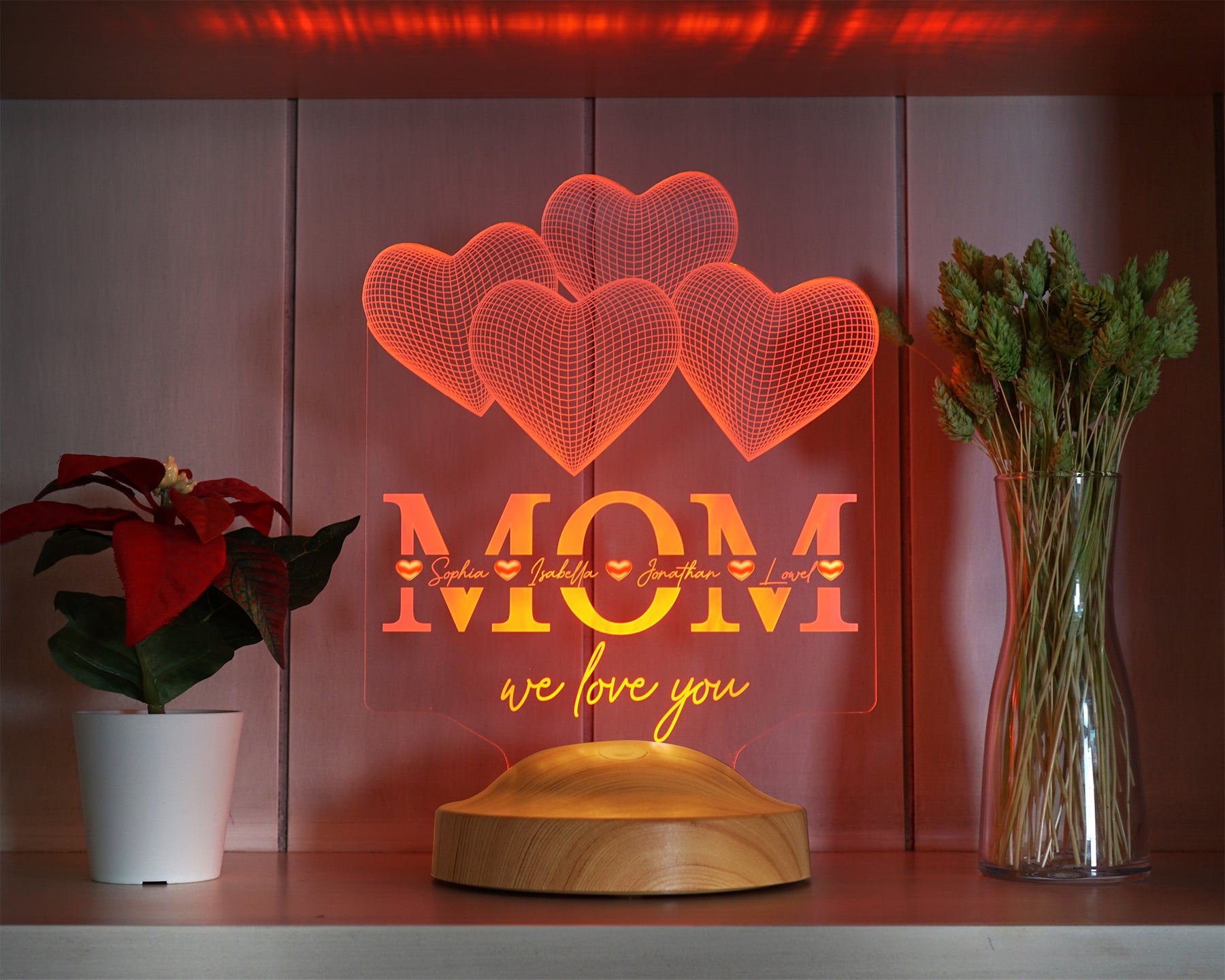 Vier Herzen personalisierte LED Geschenkelampe für Mutter, Mama mit hochwertigem UV-Druck als Muttertagsgeschenk