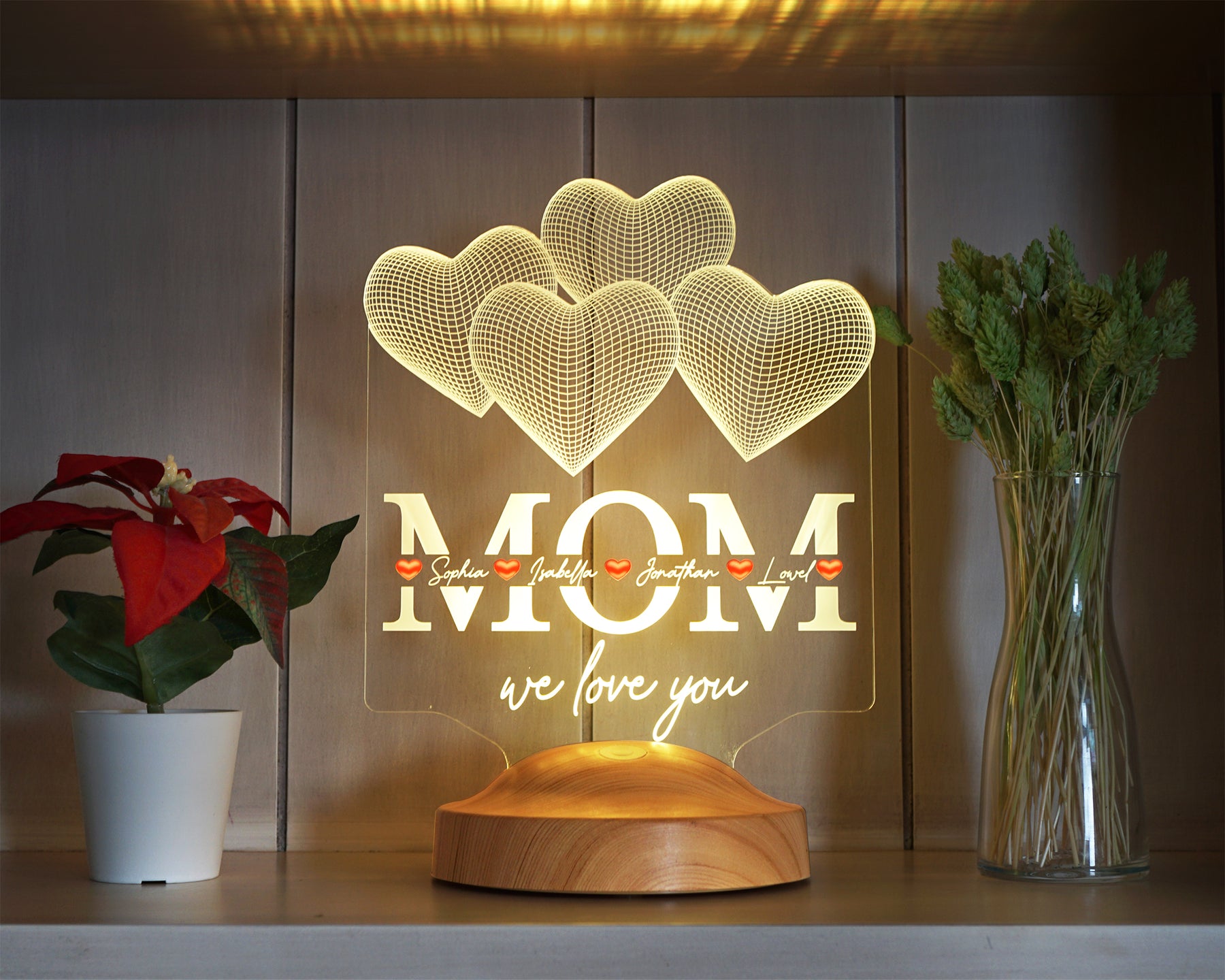 Vier Herzen personalisierte LED Geschenkelampe für Mutter, Mama mit hochwertigem UV-Druck als Muttertagsgeschenk