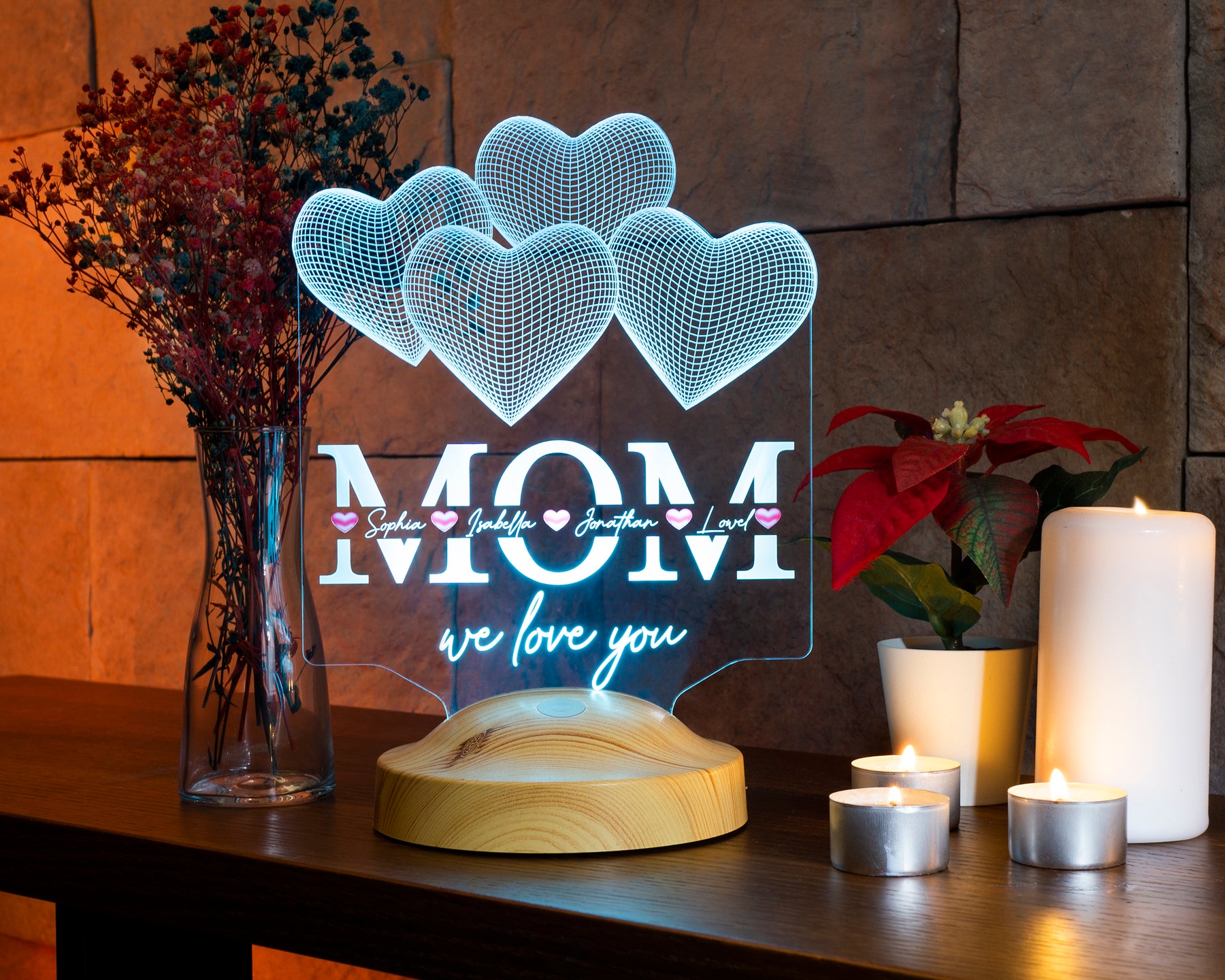 Vier Herzen personalisierte LED Geschenkelampe für Mutter, Mama mit hochwertigem UV-Druck als Muttertagsgeschenk