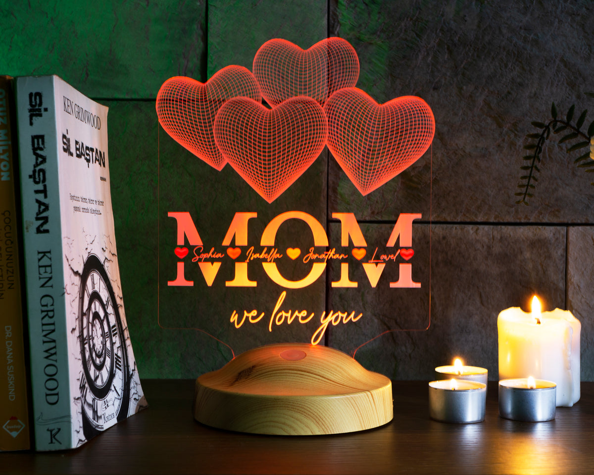 Vier Herzen personalisierte LED Geschenkelampe für Mutter, Mama mit hochwertigem UV-Druck als Muttertagsgeschenk
