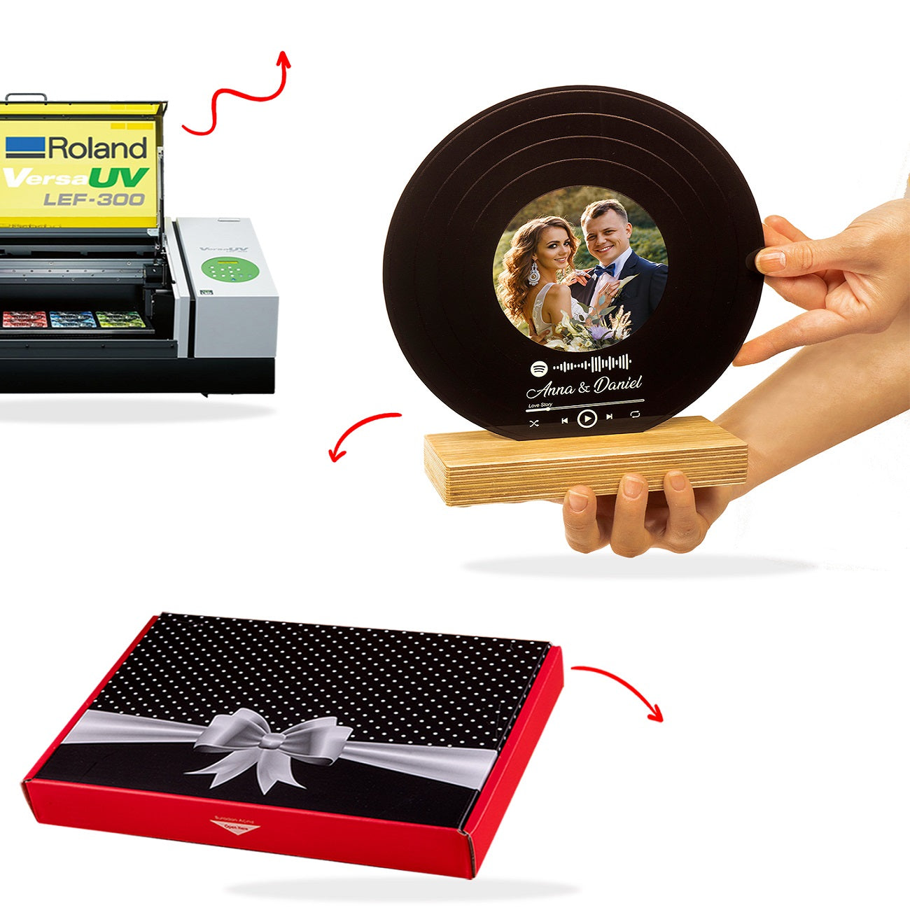 Personalisierte Schallplatte Dekoaufsteller Spotify Song und Bild mit hochwertigem UV-Druck Holzaufsteller & Geschenkbox