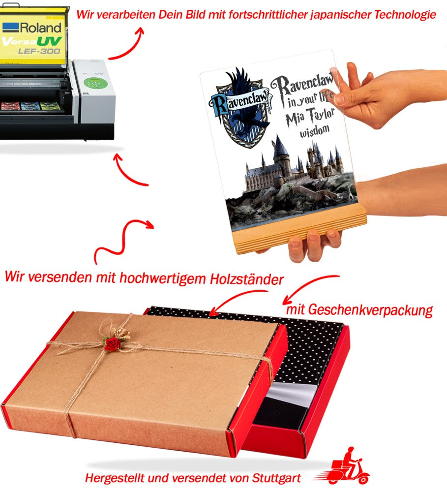 Personalisiertes Harry Potter Ravenclaw Hogwarts Geschenk mit UV-Druck Holzaufsteller & Geschenkbox