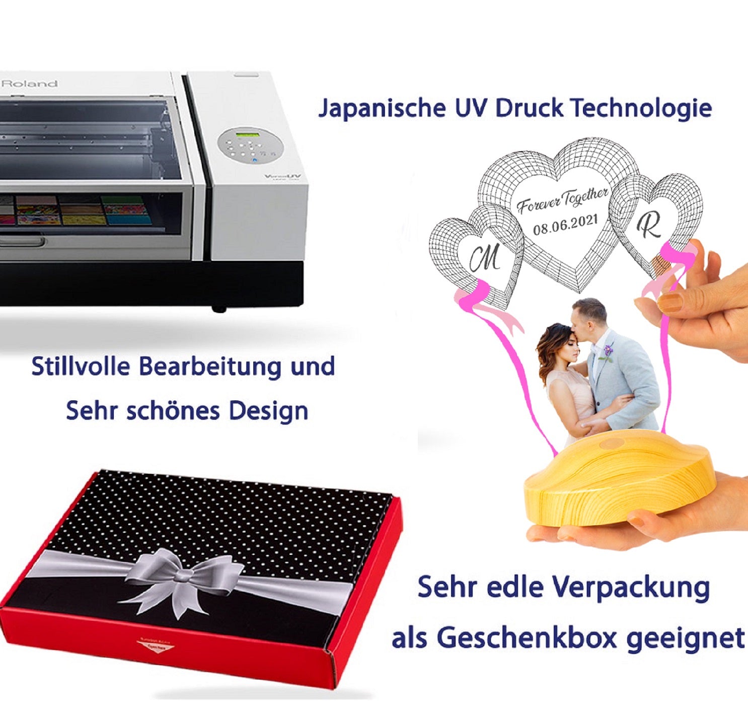 Foto Lampe mit Wunschtext & eigenes Bild mit hohe Qualität UV Druck 3D Vision LED Nachtlicht für Hochzeit oder Muttertag