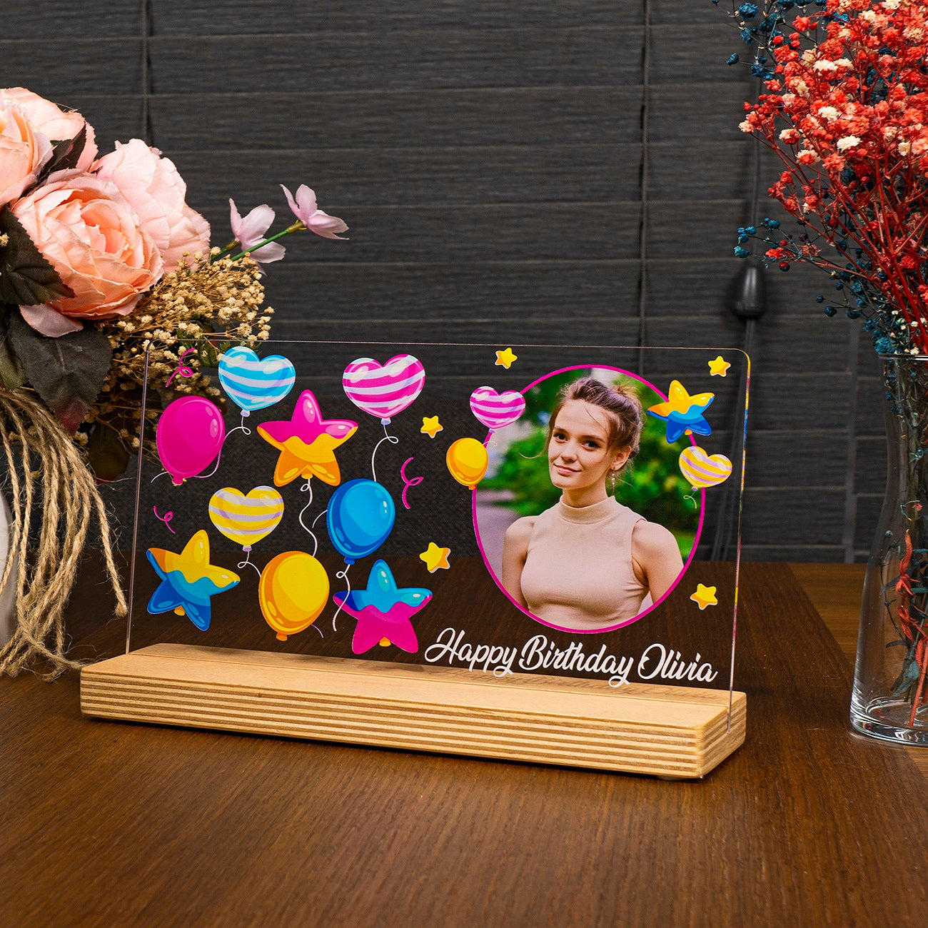 Personalisiertes Fotogeschenk zum Geburtstag mit hochwertigem UV-Druck Holzaufsteller & Geschenkbox
