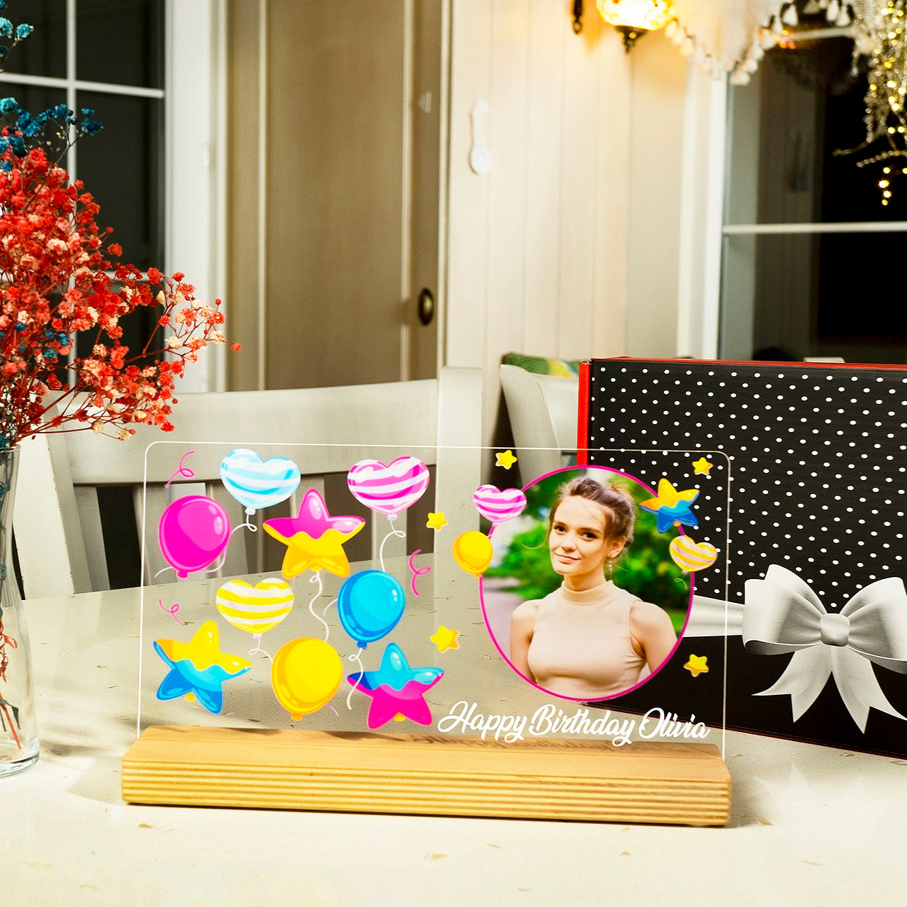 Personalisiertes Fotogeschenk zum Geburtstag mit hochwertigem UV-Druck Holzaufsteller & Geschenkbox