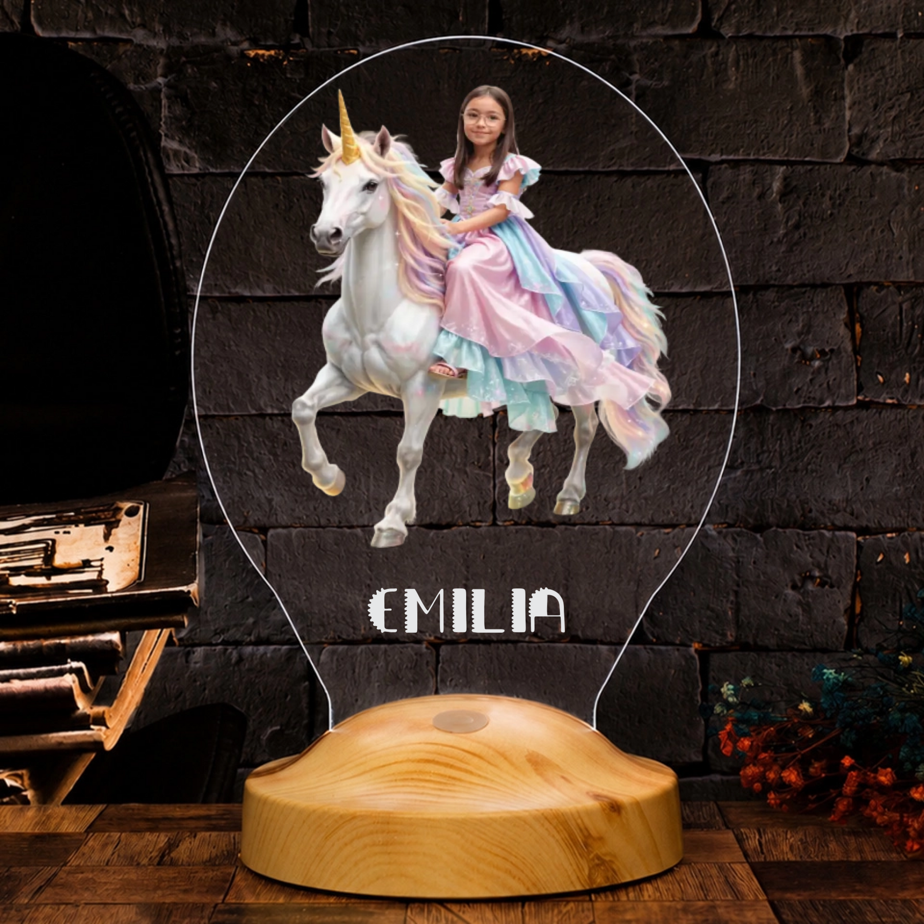 Personalisierte KI LED Lampe – Dein Foto als Prinzessin auf einem Einhorn