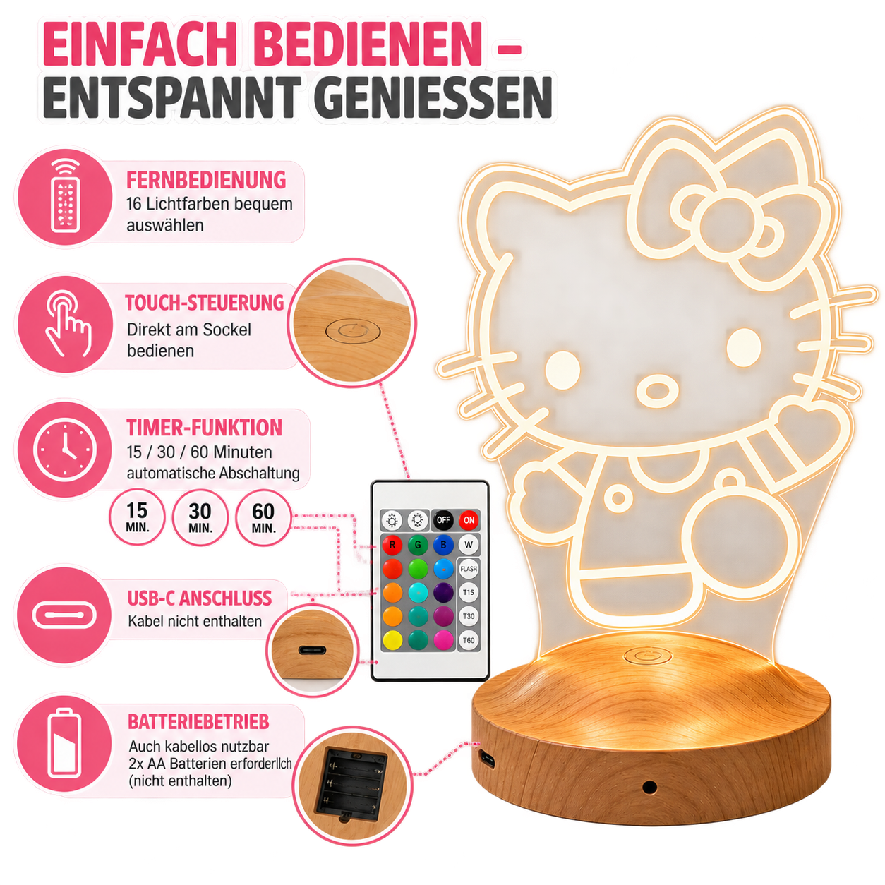 Personalisierte  Hello Kitty 3D Nachtlampe | Geschenk für Mädchen | Kinderzimmer Deko | Babyzimmer