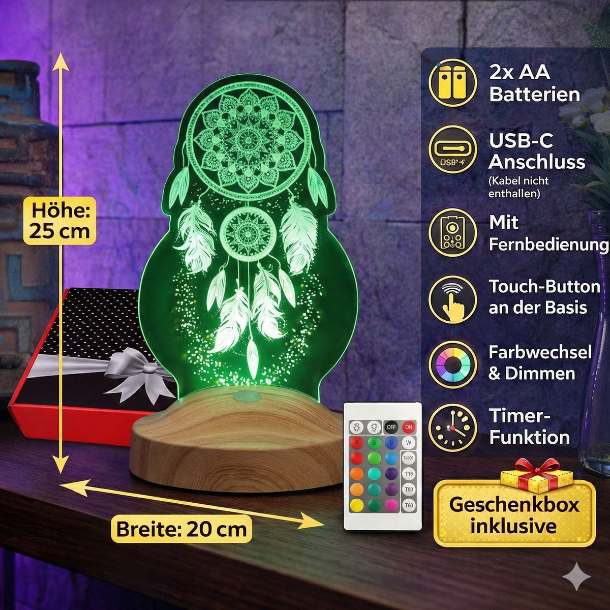 TRAUMFÄNGER PERSONALISIERTE 3D LAMPE MIT WUNSCHTEXT DREAMCATCHER