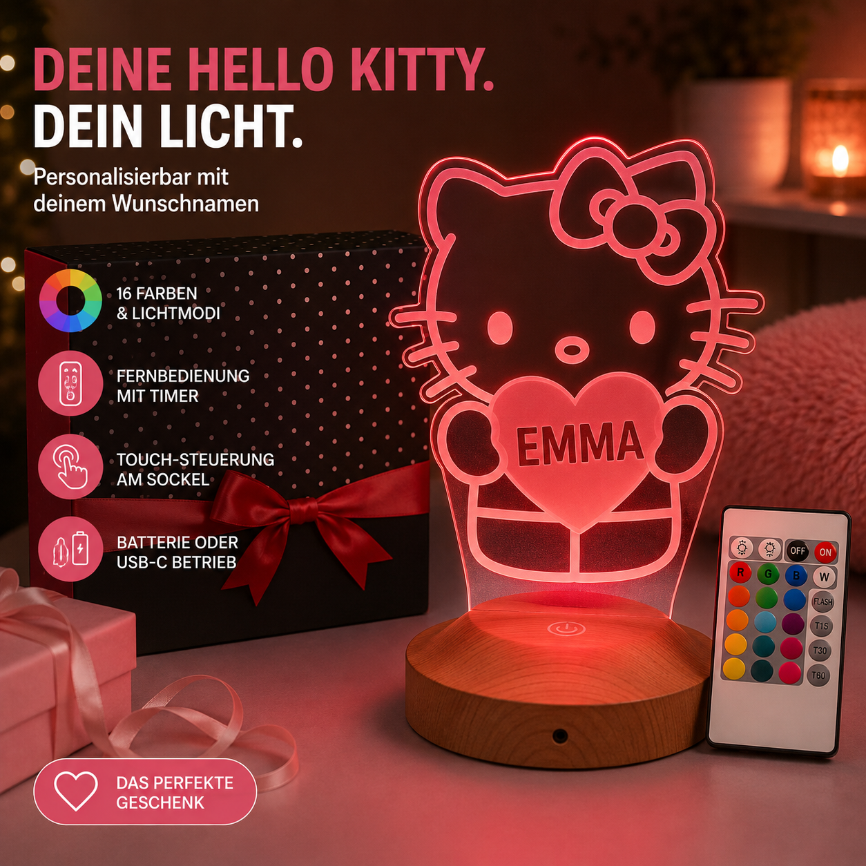 Personalisierte  Hello Kitty 3D Nachtlampe | Geschenk für Mädchen | Kinderzimmer Deko | Babyzimmer