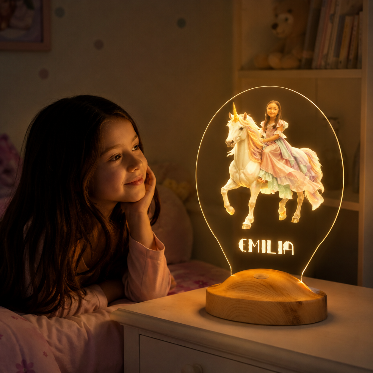 Personalisierte KI LED Lampe – Dein Foto als Prinzessin auf einem Einhorn