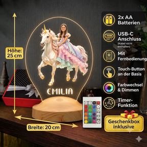 Personalisierte KI LED Lampe – Dein Foto als Prinzessin auf einem Einhorn
