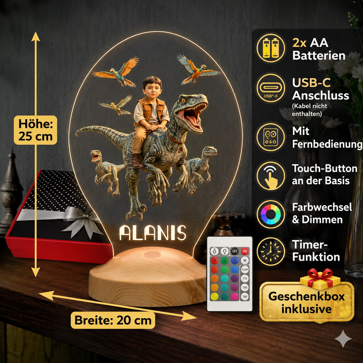 Personalisierte KI LED Lampe – Dein Foto auf einem T-Rex