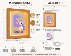 Lieferumfang Einhorn Holzrahmen Leuchte UV bedrucktes Acryl USB Kabel und Metallfüße