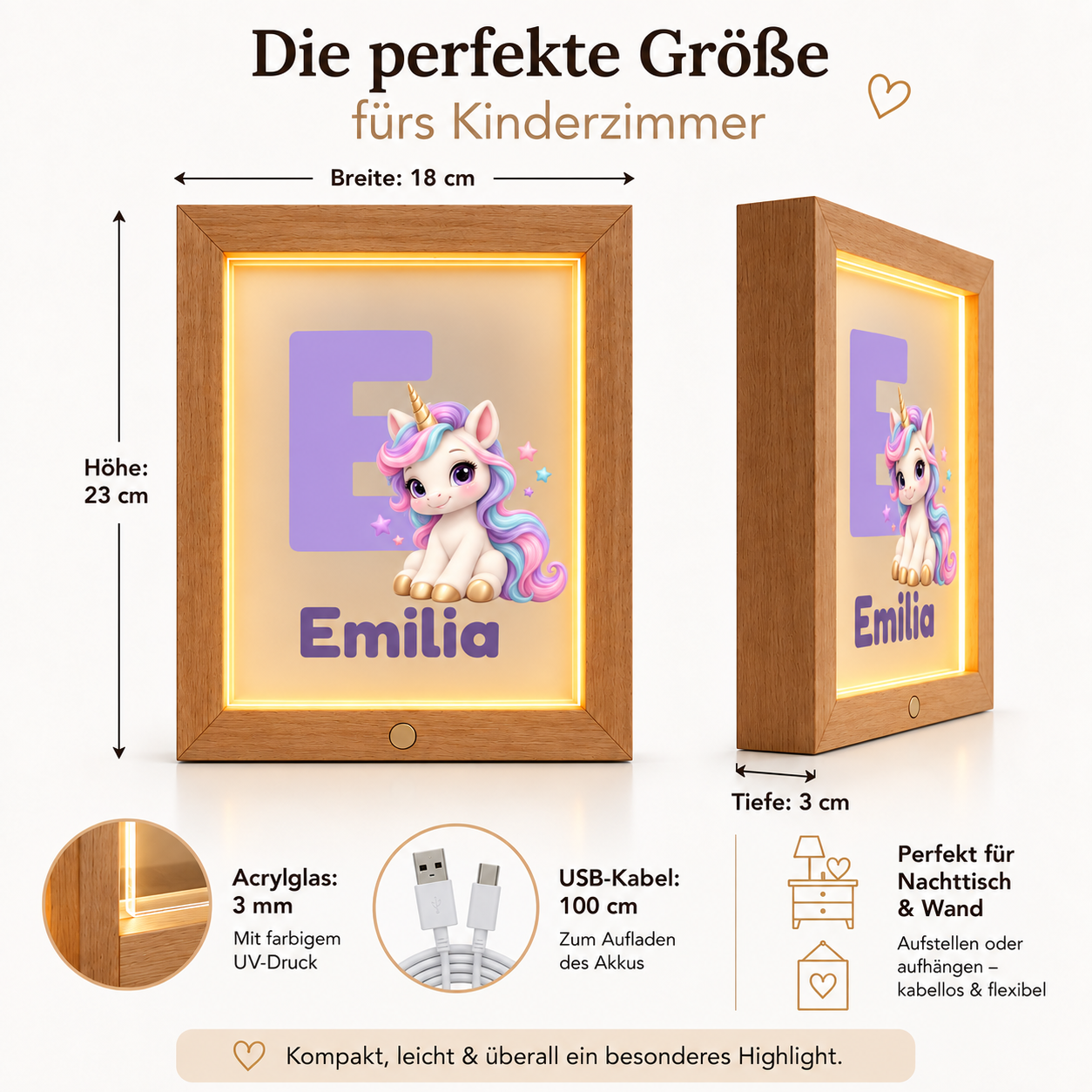 Einhorn Holzrahmen Nachtlicht Maße 23 x 18 x 3 cm und USB Kabel