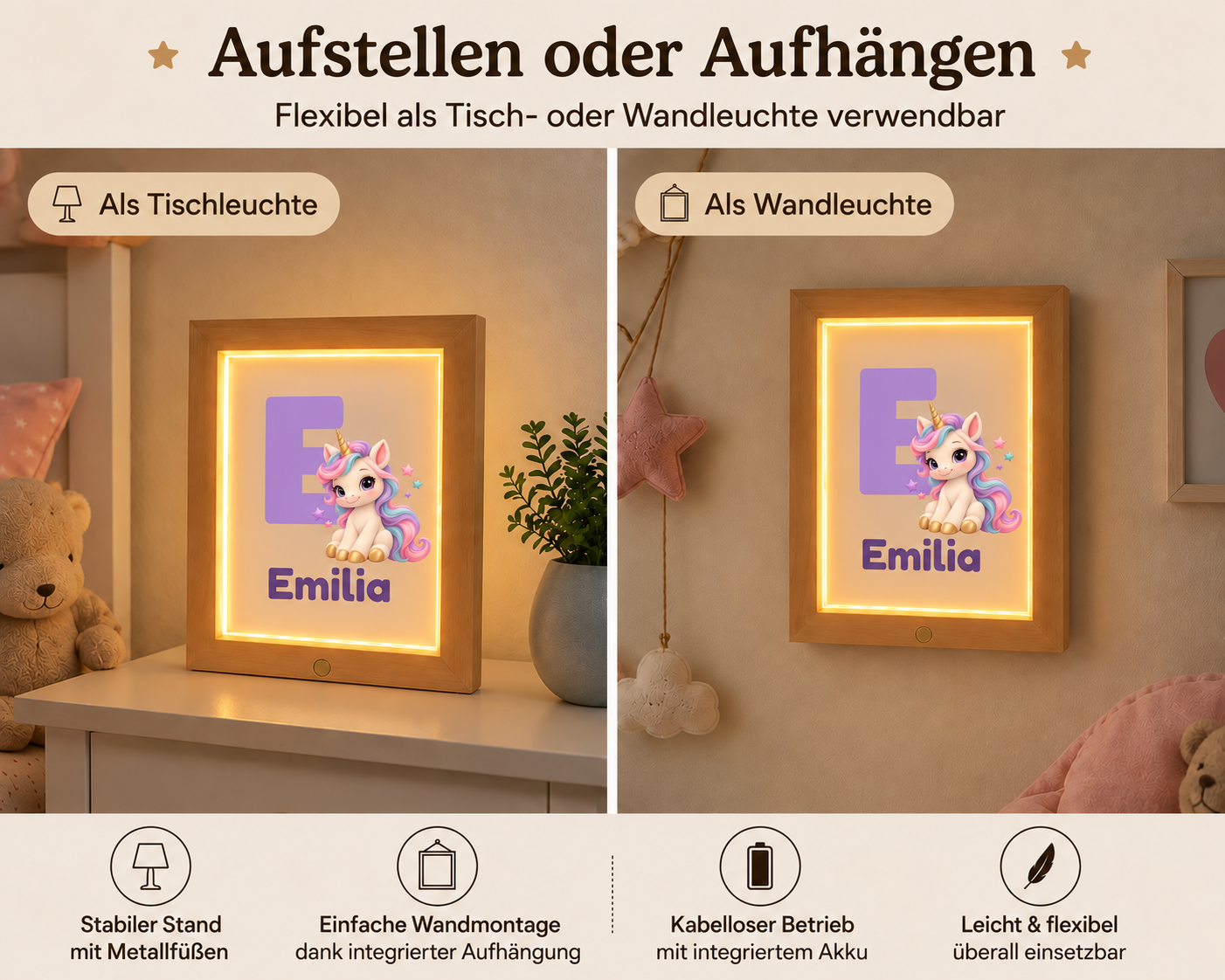Einhorn Holzrahmen Leuchte zum Aufstellen oder Aufhängen