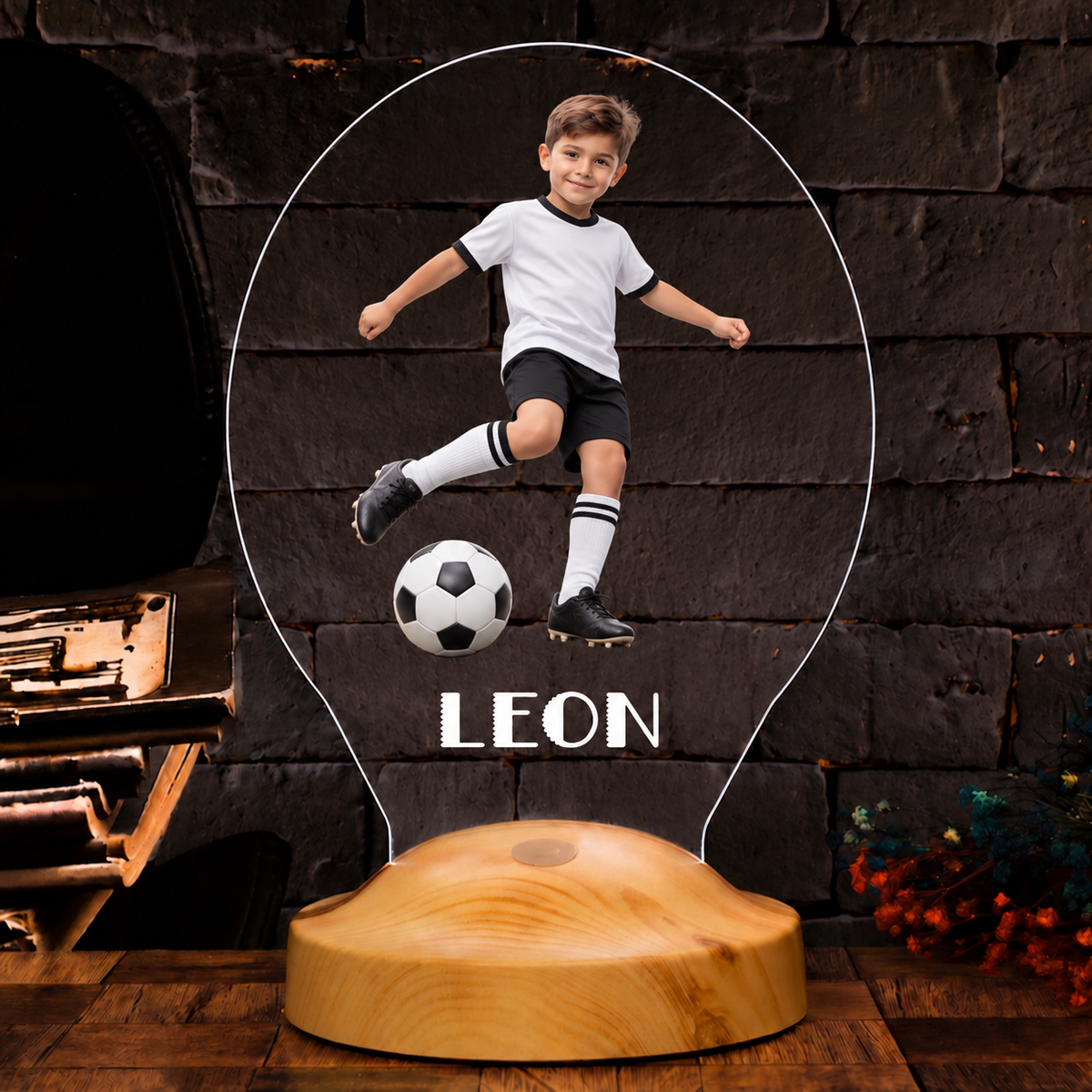 KI-generiertes Produktbeispiel: Personalisierte Fußballkind Acryl Lampe mit weiß schwarzem Trikot