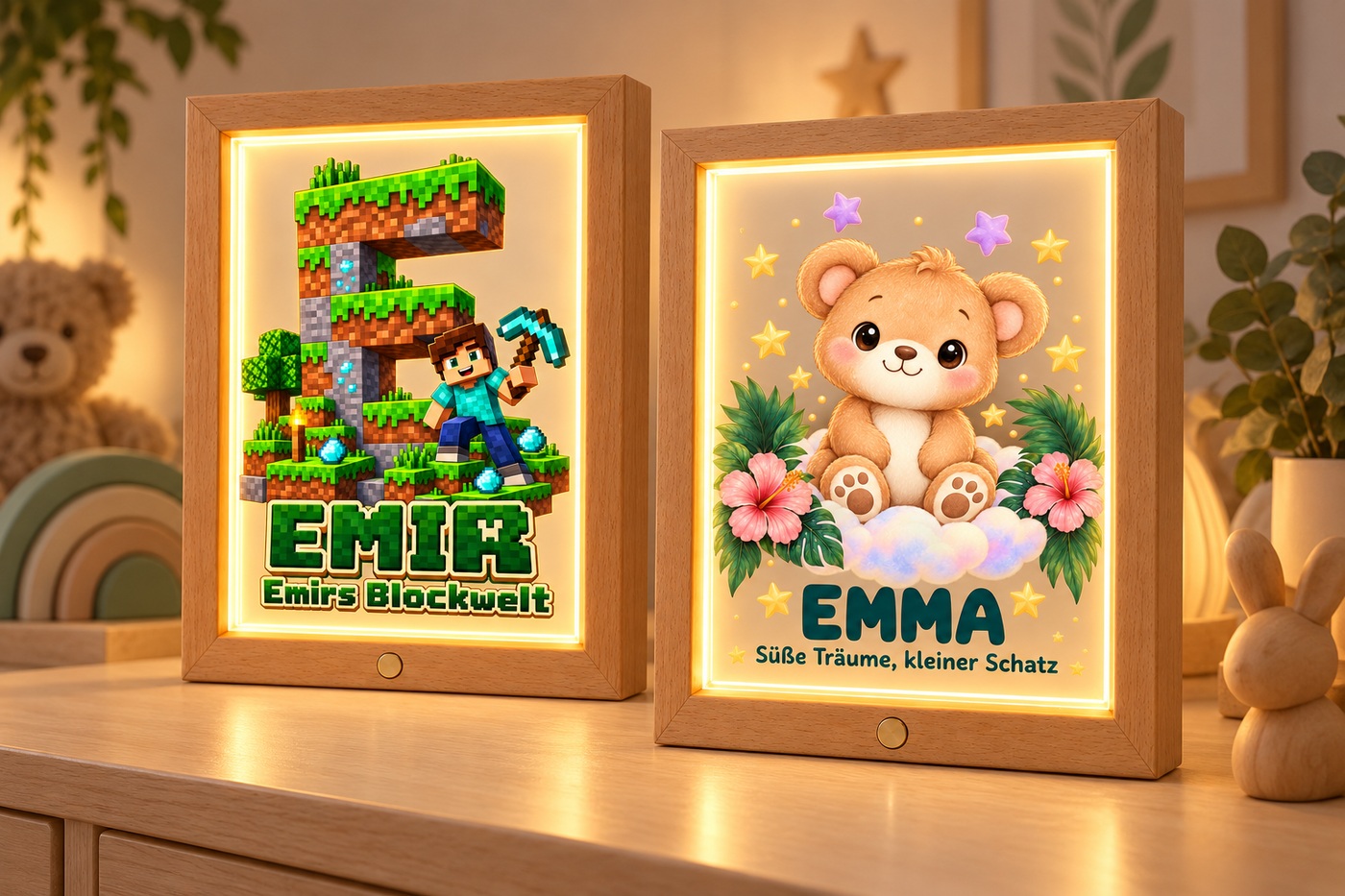 Personalisierte Holzrahmen-Lampen: Blockwelt mit Emir und Tierfreunde mit Emma, warm beleuchtet.