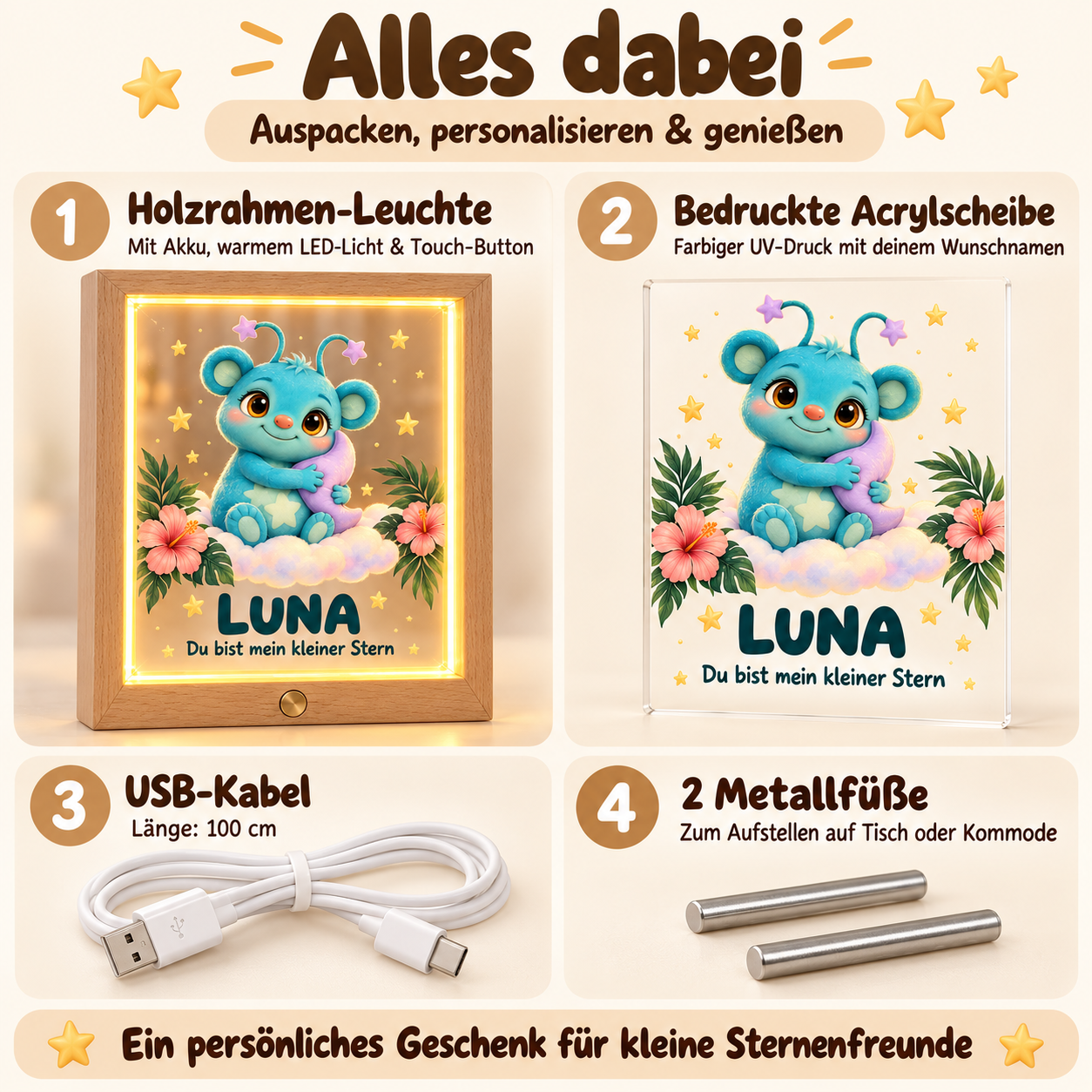 Lieferumfang: Holzrahmen, UV-bedrucktes Acrylglas, USB-Kabel und zwei Metallfüße