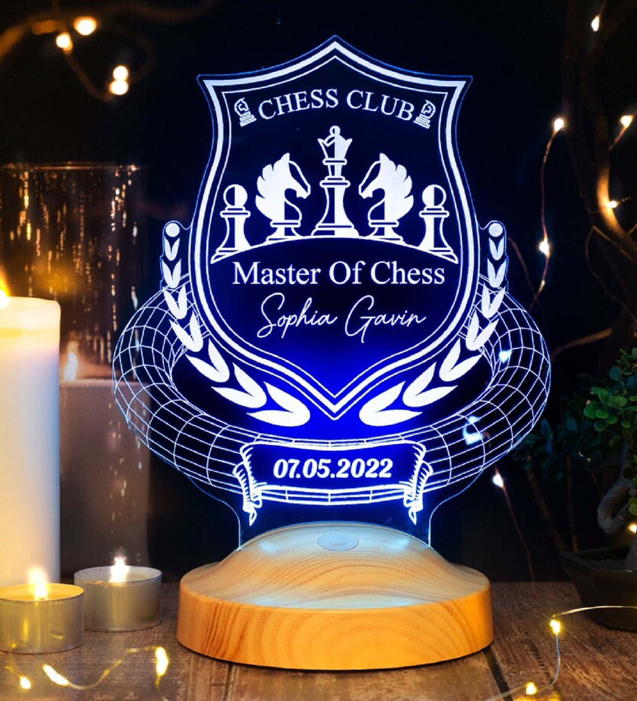 Schachliebhaber, Chess Geschenk für Schachspieler, 3D LED Lampe als Schach Trophäe, Für Schach Profis und Schachturnier