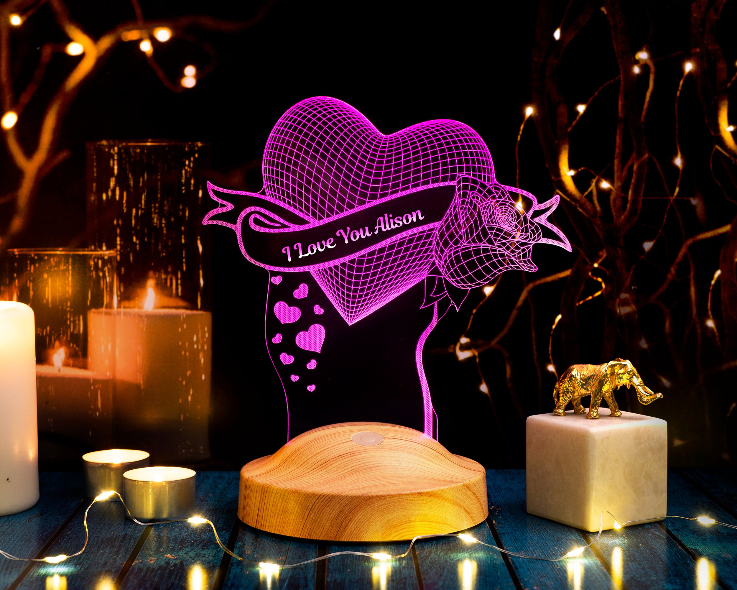 Herz mit Rose Personalisierte Lampe mit Wunschtext
