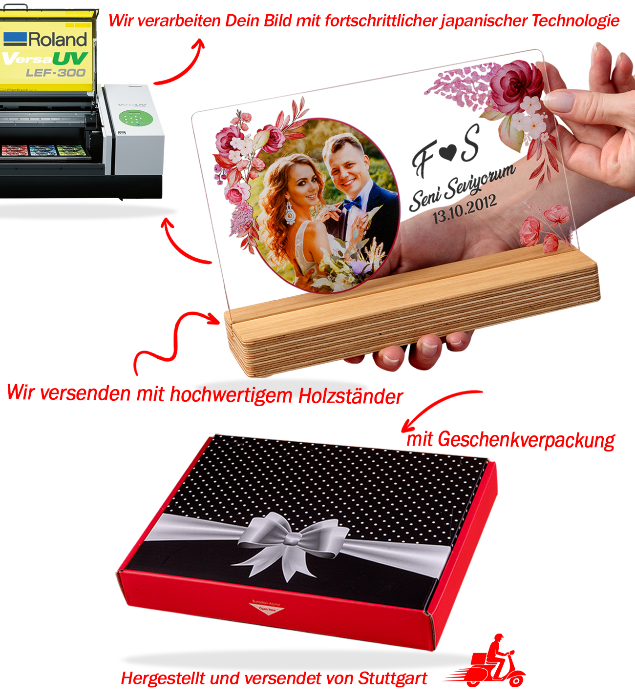 Personalisiertes Fotogeschenk mit hochwertigem UV-Druck Holzaufsteller & Geschenkbox