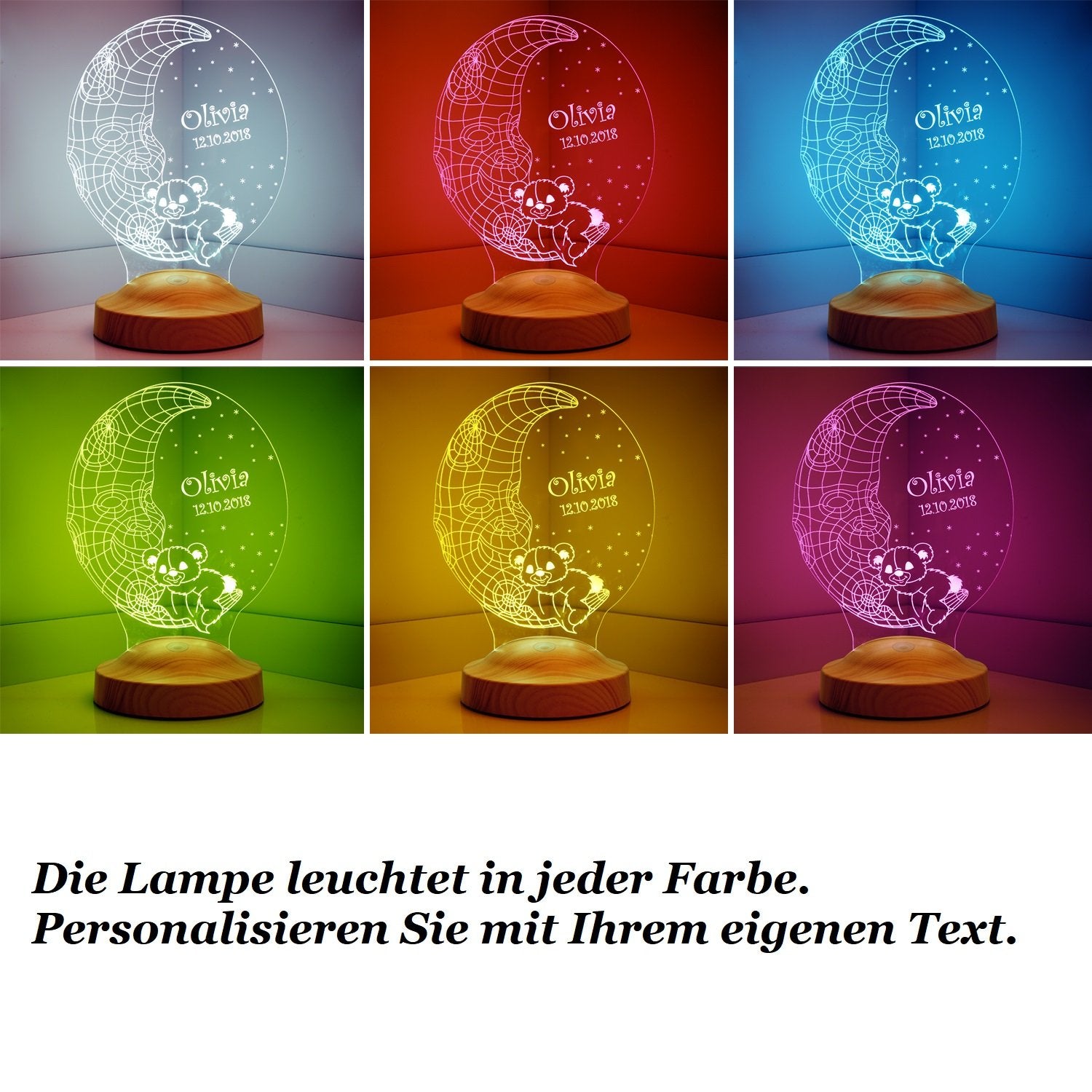 Der Mann im Mond mit Teddy Personalisierte Lampe für Kinder