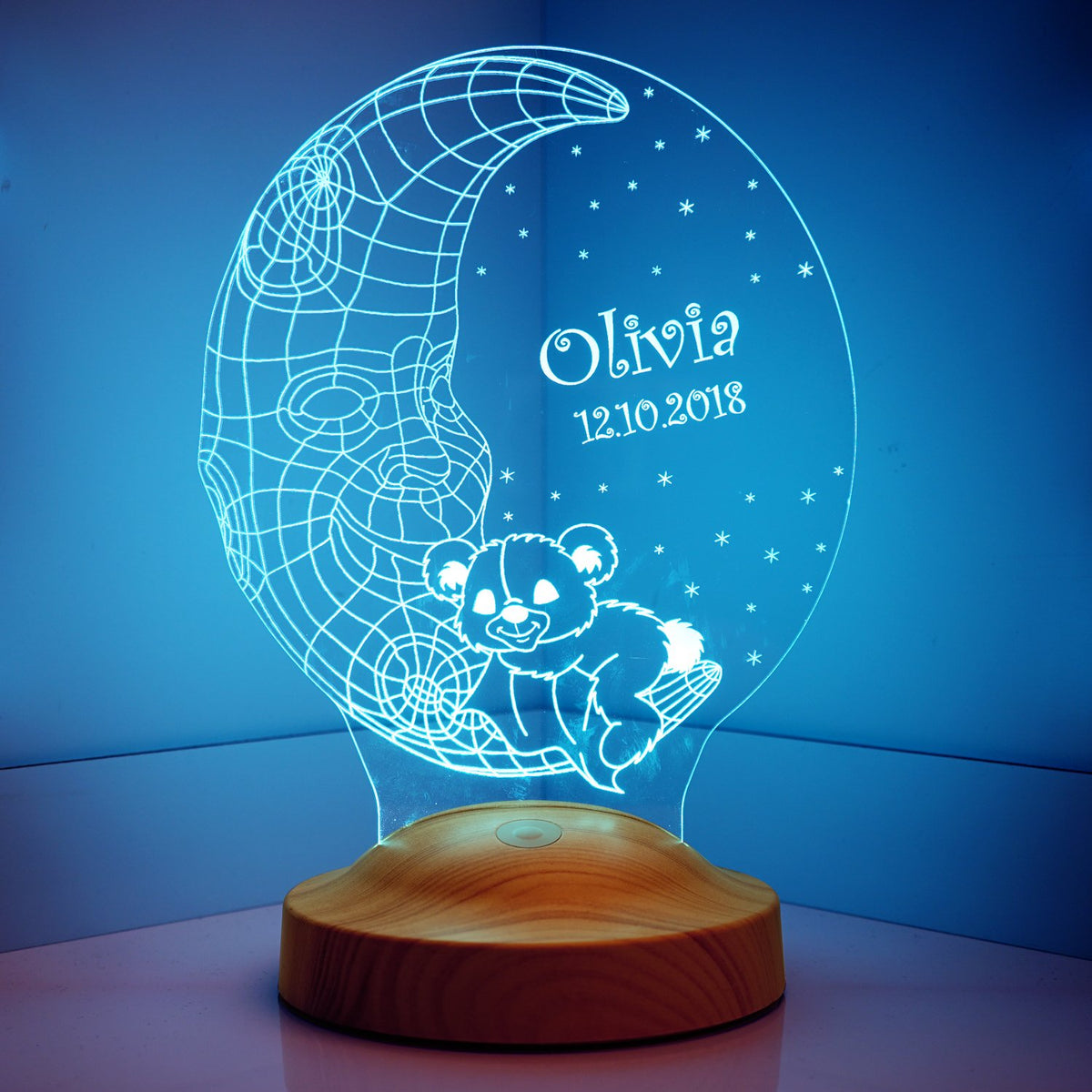 Der Mann im Mond mit Teddy Personalisierte Lampe für Kinder