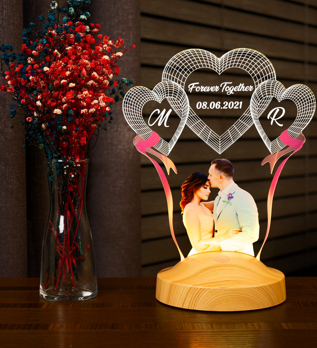 Foto Lampe mit Wunschtext & eigenes Bild mit hohe Qualität UV Druck 3D Vision LED Nachtlicht für Hochzeit oder Muttertag