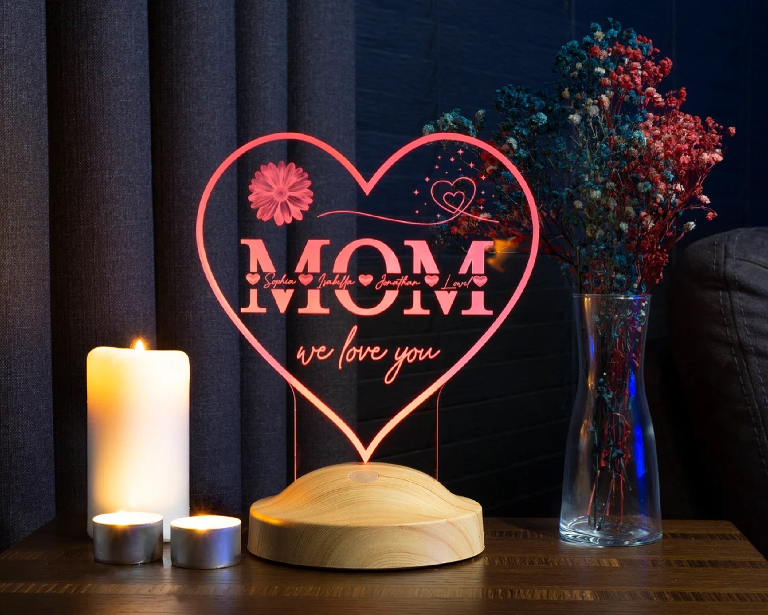 herzförmige personalisierte LED Geschenkelampe für Mutter,Mama mit hochwertigem Lasergravur als Muttertagsgeschenk