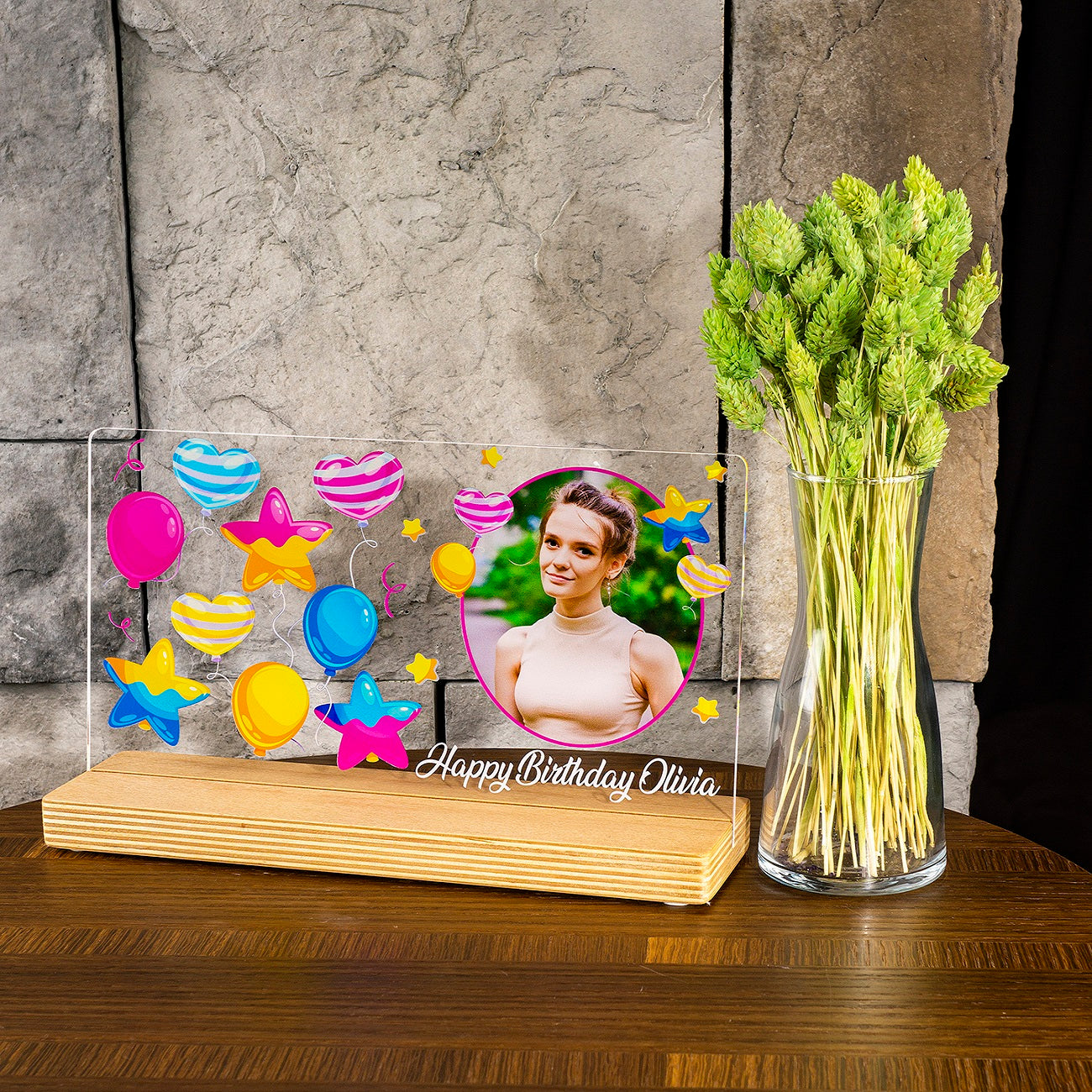 Personalisiertes Fotogeschenk zum Geburtstag mit hochwertigem UV-Druck Holzaufsteller & Geschenkbox