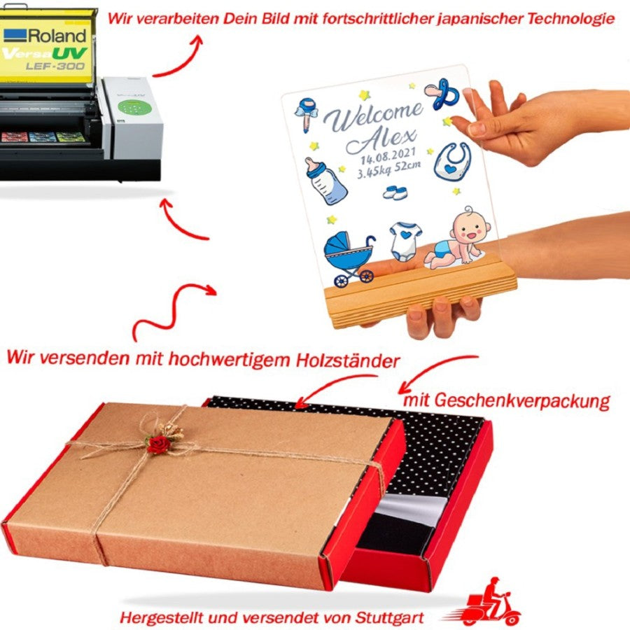 Personalisiertes Geschenk zur Geburt für Junge mit hochwertigem UV-Druck Holzaufsteller & Geschenkbox