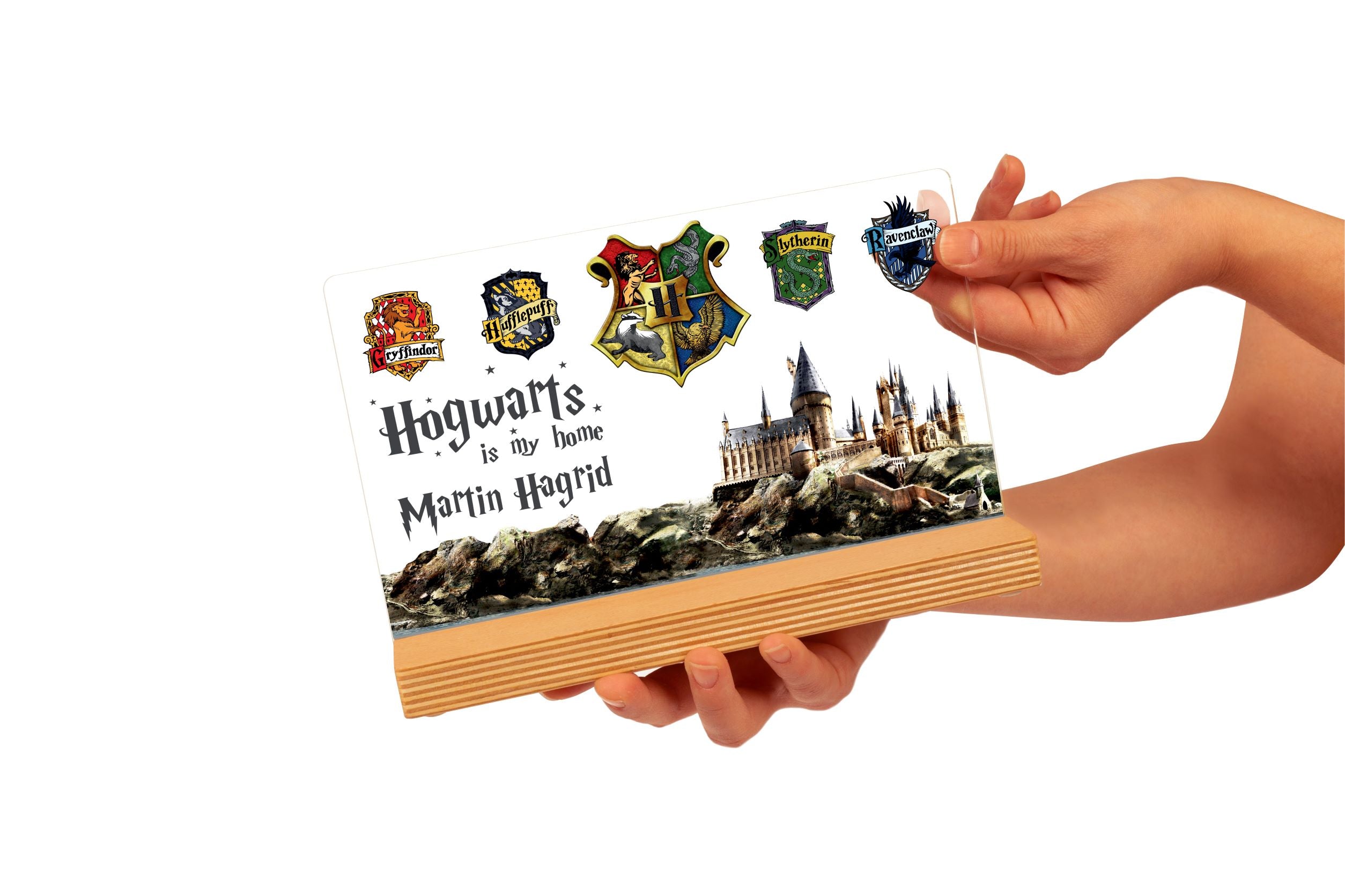 Harry Potter Hogwarts Geschenk Personalisiert mit UV-Druck Holzaufsteller & Geschenkbox