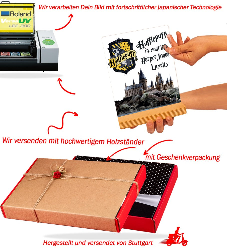 Harry Potter Hogwarts Hufflepuff Personalisierte Geschenk mit UV-Druck Holzaufsteller & Geschenkbox