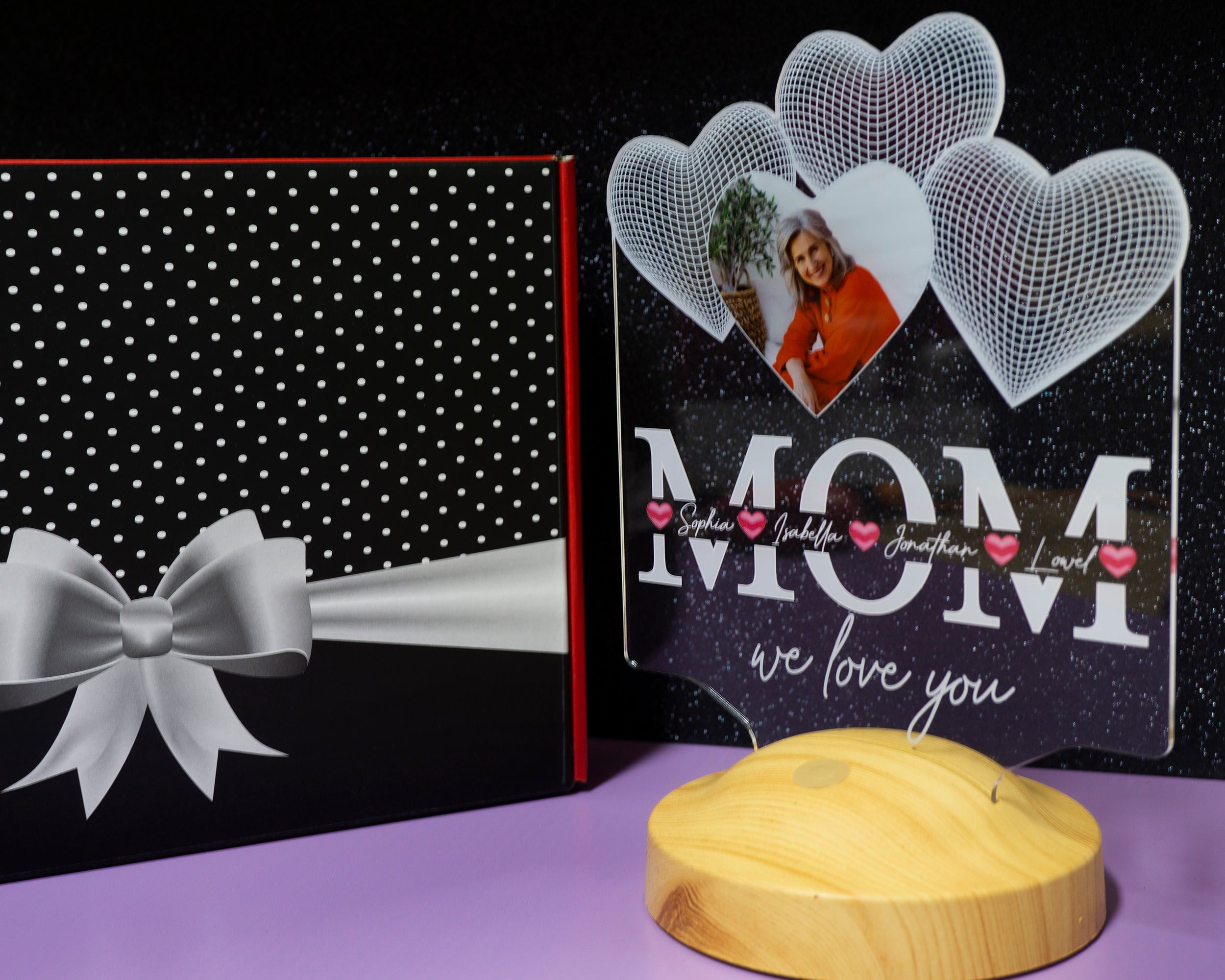 Vier Herzen personalisierte LED Fotolampe für Mutter, Mama mit hochwertigem UV-Druck als Muttertagsgeschenk Muttertag