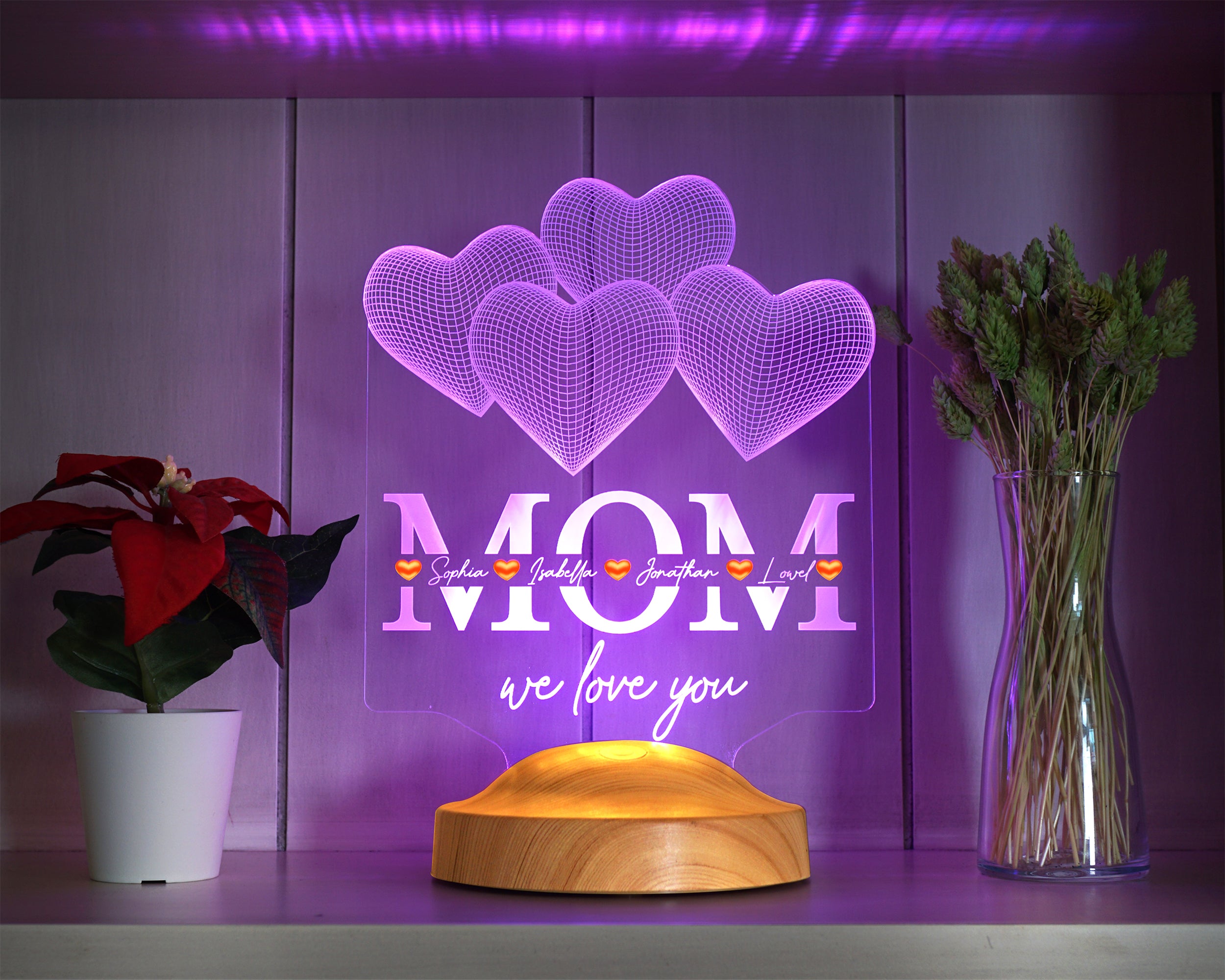 Vier Herzen personalisierte LED Geschenkelampe für Mutter, Mama mit hochwertigem UV-Druck als Muttertagsgeschenk