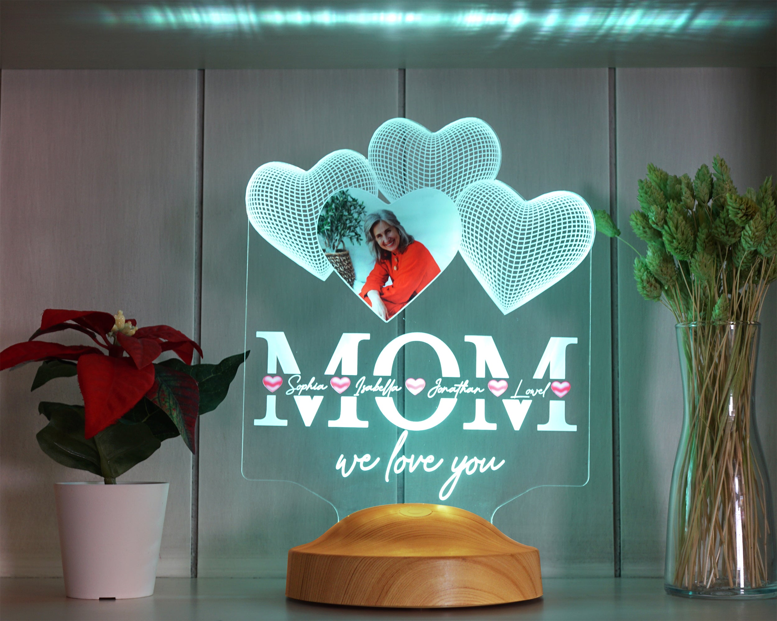 Vier Herzen personalisierte LED Fotolampe für Mutter, Mama mit hochwertigem UV-Druck als Muttertagsgeschenk Muttertag