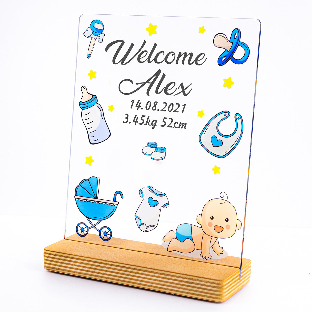 Personalisiertes Geschenk zur Geburt für Junge mit hochwertigem UV-Druck Holzaufsteller & Geschenkbox